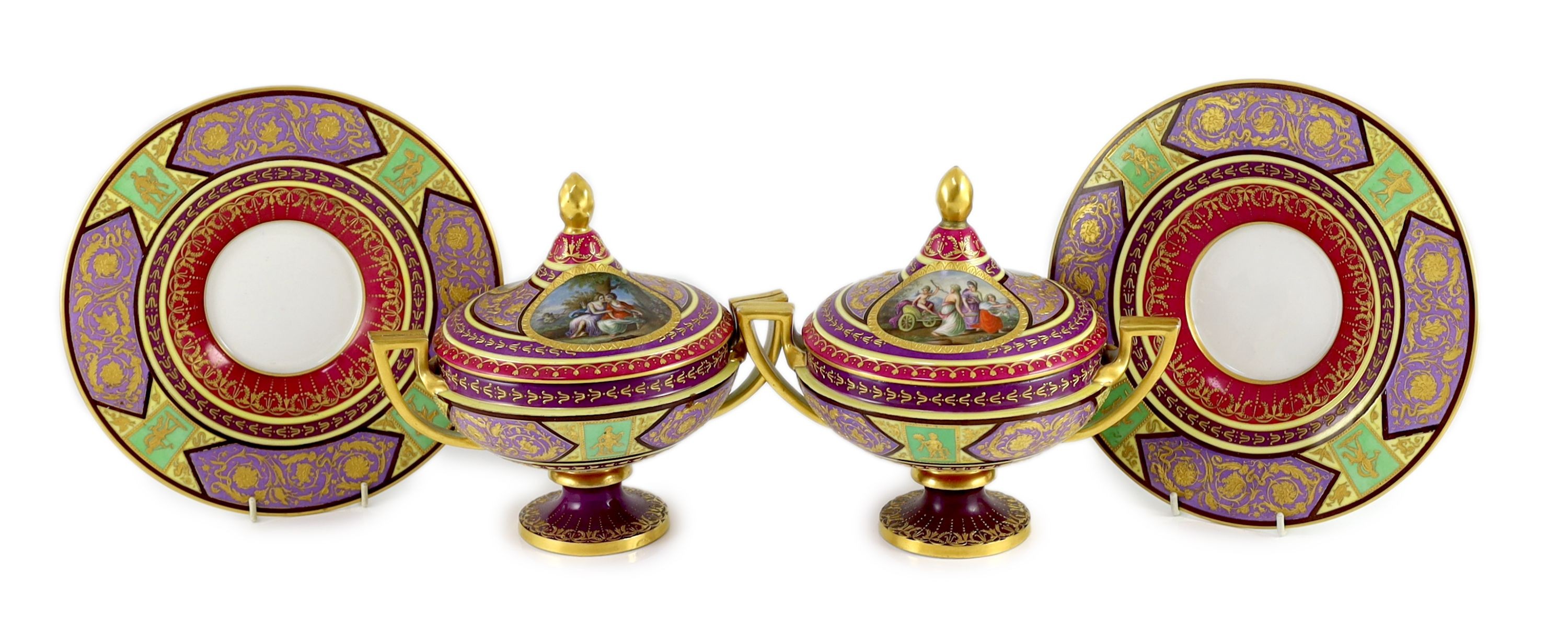 A pair of Vienna style porcelain ecuelles, covers and stands, c.1900, diameter 23.5cm